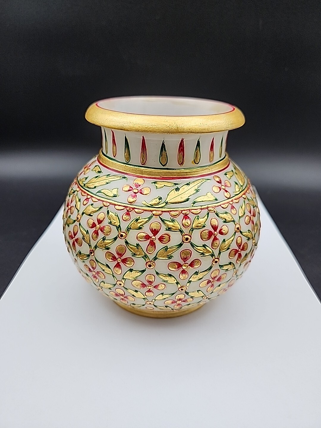 Vtg Indian Mughal Style Makrana Marble Hand Painted Vase Gold Gilded, Light Thru