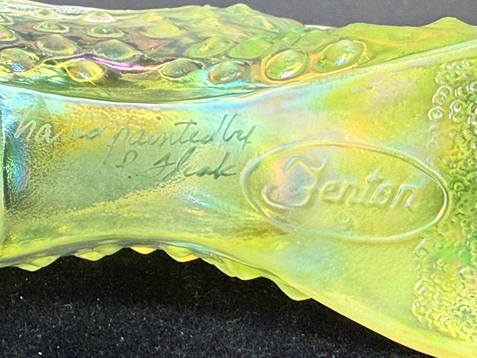 Fenton Glass 1997 Topaz Opalescent Iridized Satin Glass Slipper
