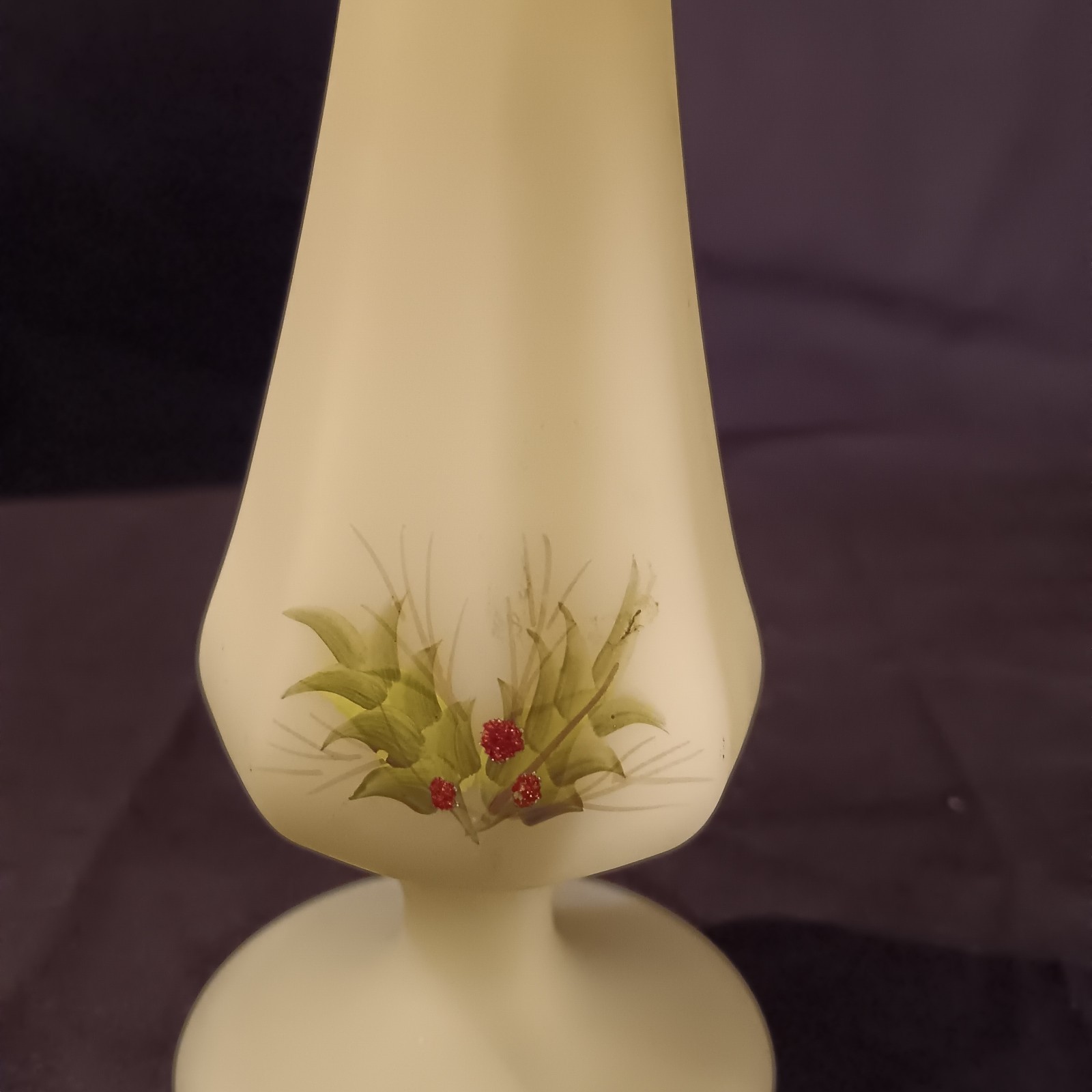 Fenton Art Glass Hand Painted And Signed 8 in. Holly on Custard Bud Vase 1970’s