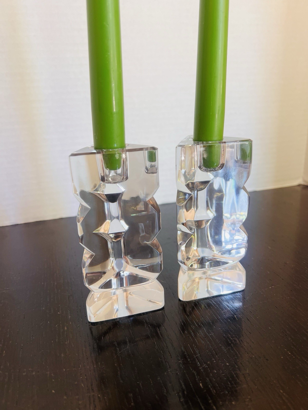 Vintage Rogaska Signed Crystal Candlestick Holders Pair Modernist Prism Triangle