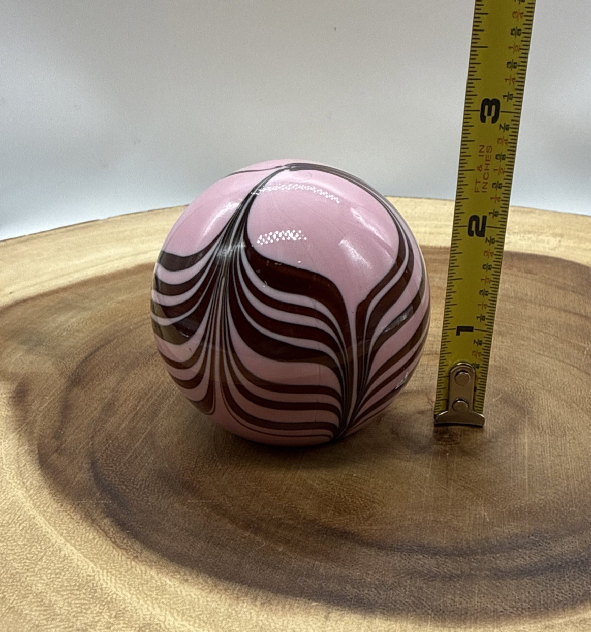 Vintage Cased Glass Pink & Maroon Art Glass Paperweight Pulled Feather Design