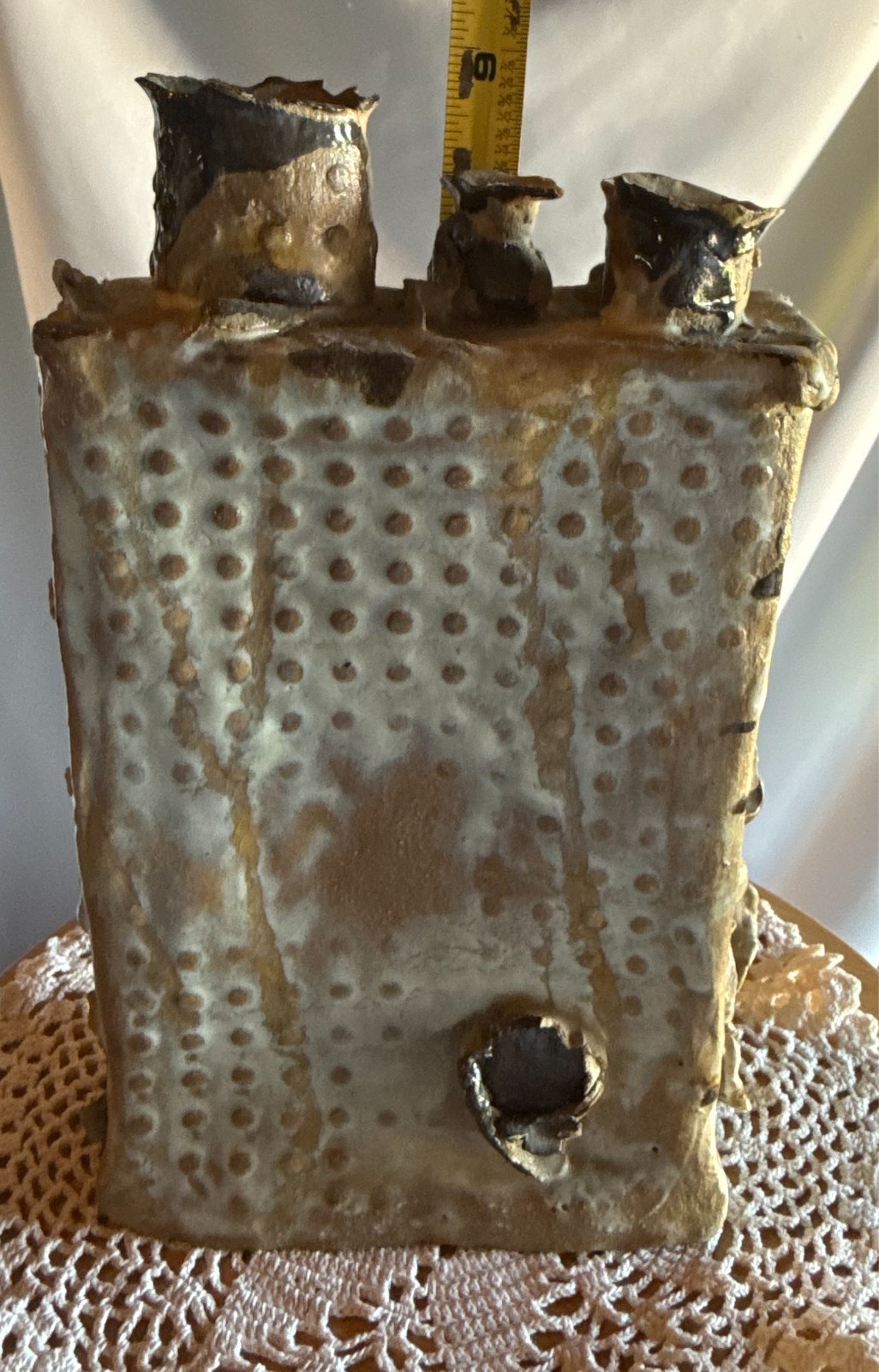 Vintage Stoneware Brutalist Textured Studio Pottery Rectangular Vase 9″ Bev 1975