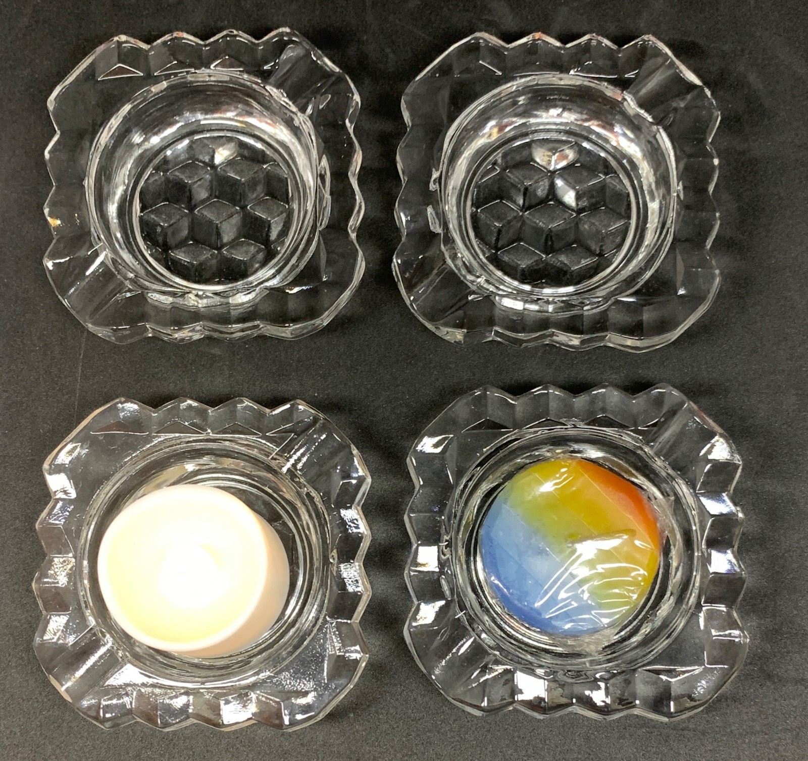Set of (4) “Fostoria American FA2056 3-inch square ashtrays~ ashtrays only