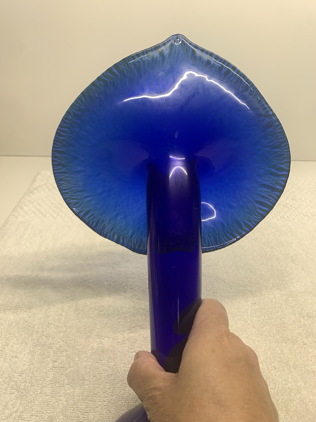 Art Glass Vase Jack In The Pulpit Blue Iridescent Signed Zellique studio Floral