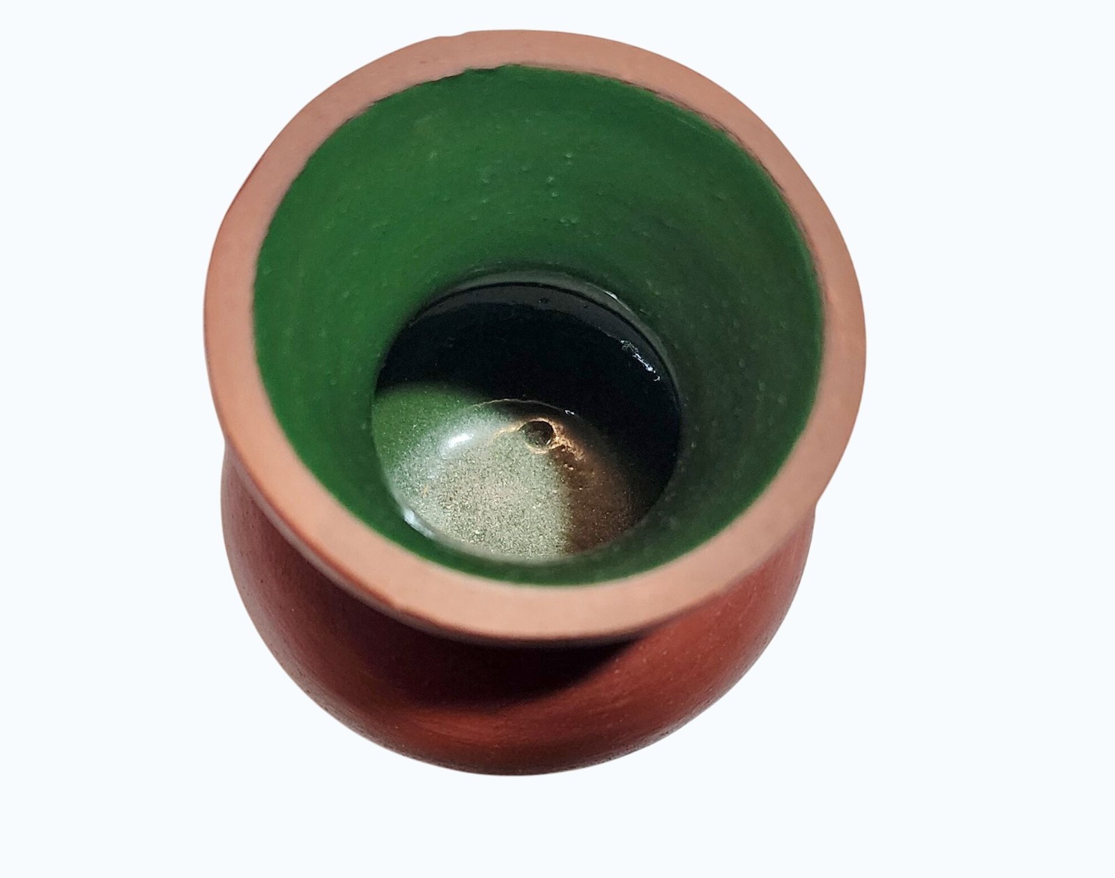 Small Redware Pottery Vase w Green Glaze Interior Southwestern Geometric Pattern