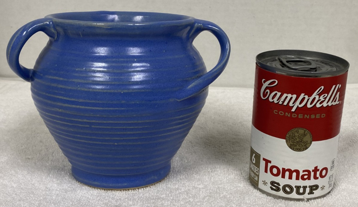 Vintage Arts Crafts Style Pottery Blue Matte Glaze 3 Twist Handles Ribbed Vase