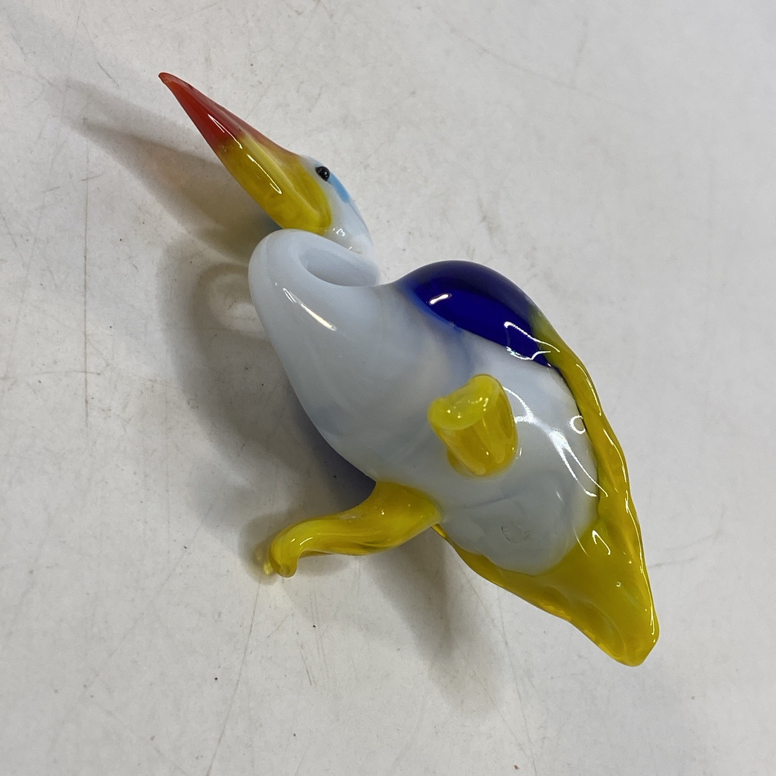 Art Glass Pelican Bird Figurine Hand Blown Vtg Murano Style Blue White 2.5×3.5in