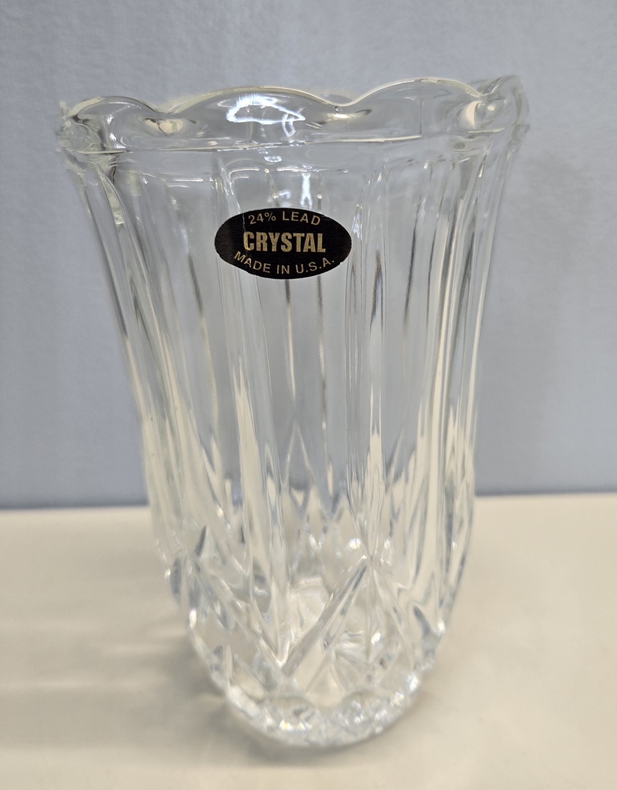 Vintage Crystal Lead Vase 24% Large Heavy 6.5″ Tall Scalloped Top Made in USA