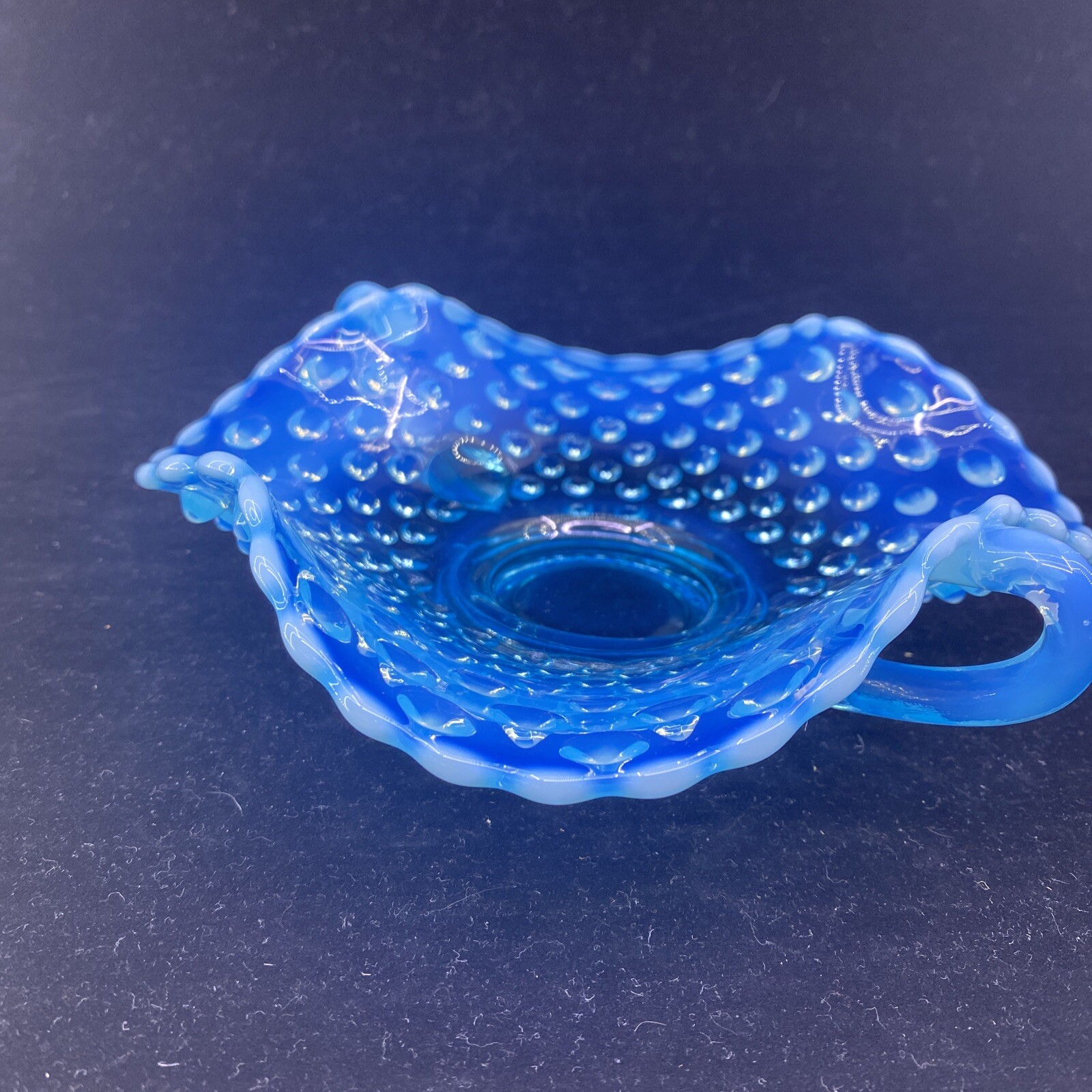 Vintage Fenton Aqua Blue Opalescent Hobnail Handled Bon Bon Dish