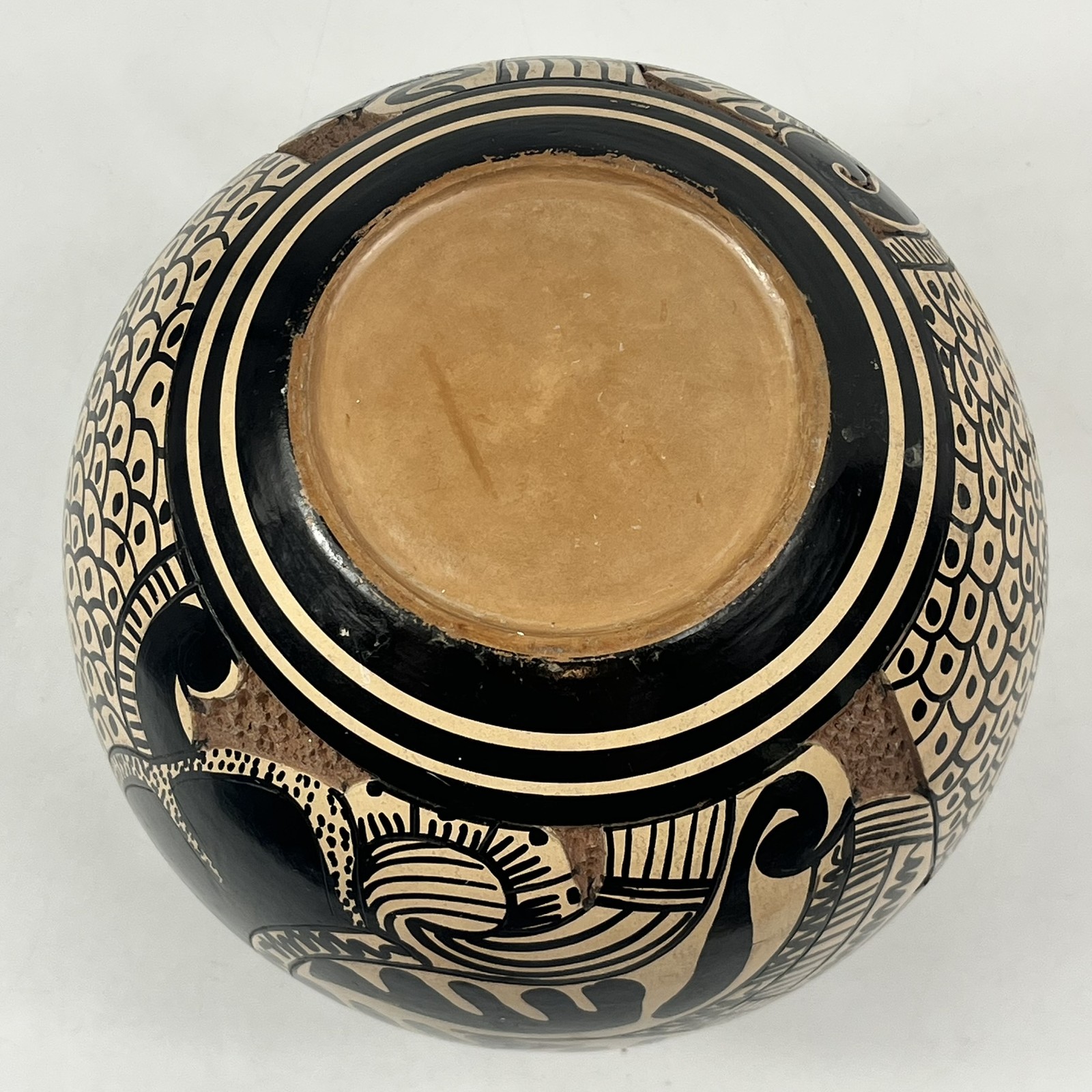 Vintage Sgraffito Pottery Lidded Jar Hand Carved Unique Handmade Black Tan Decor