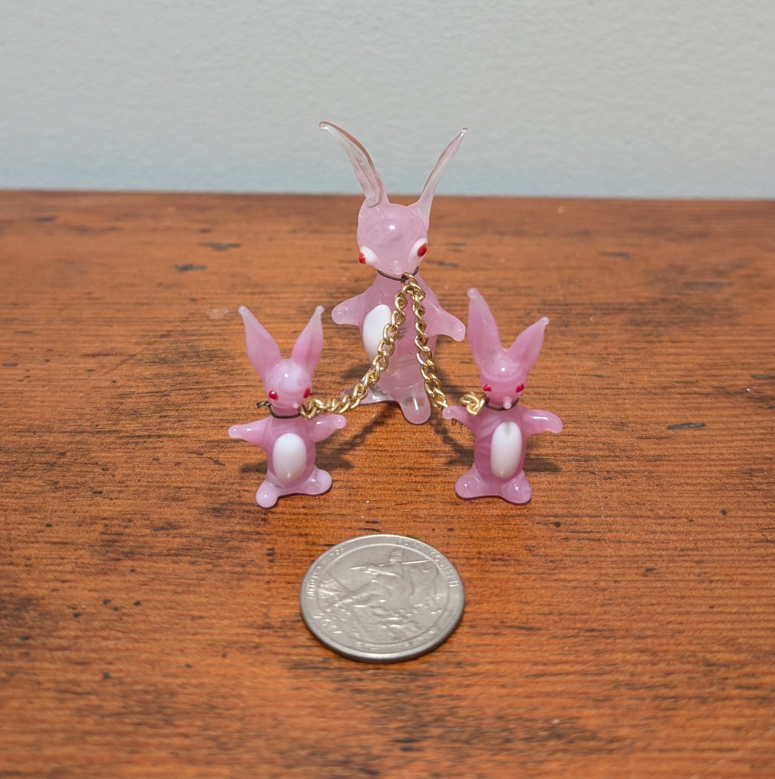 3 Vintage Small Pink Swirl Rabbits Attached To Gold Chain (Hand Blown Glass)