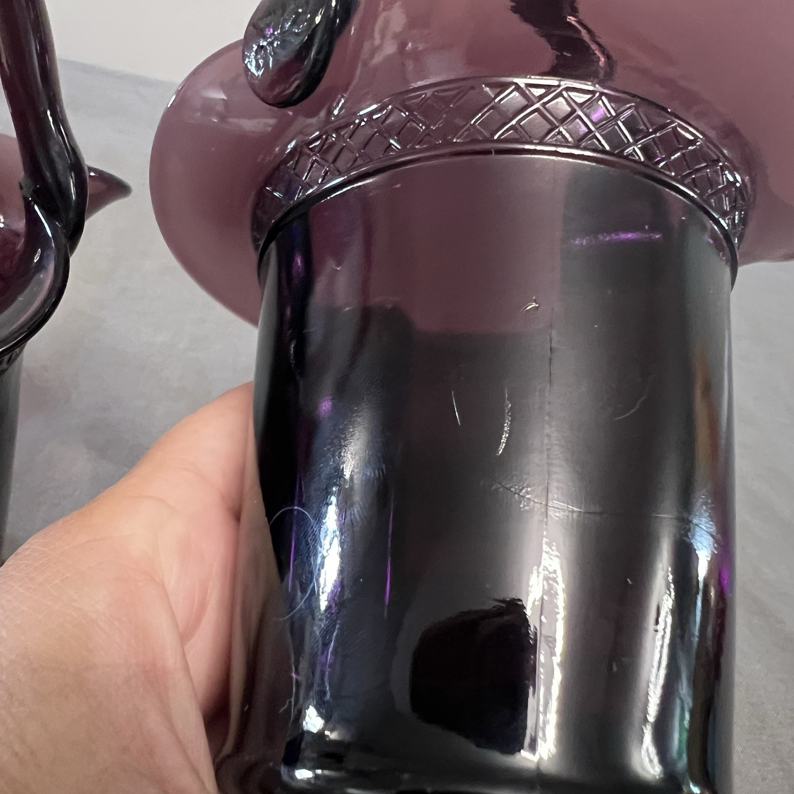VTG Set Of 2 Glass Baskets W/ Handle Amethyst Color 4.5×3.5×6.25” Curved Lip