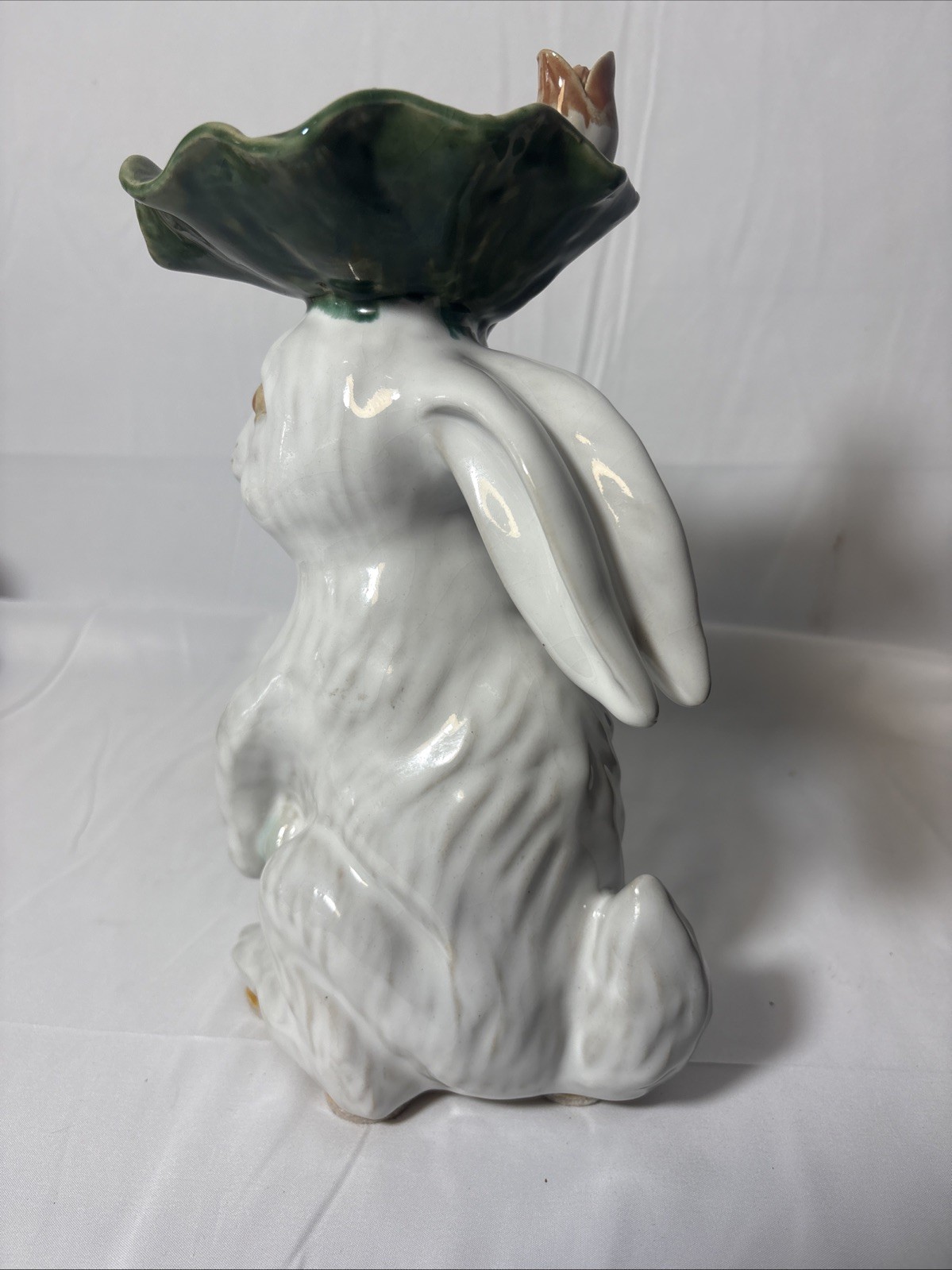 Vintage White Rabbit Cactus Flower Majolica Art Pottery Figural Vase Figurine