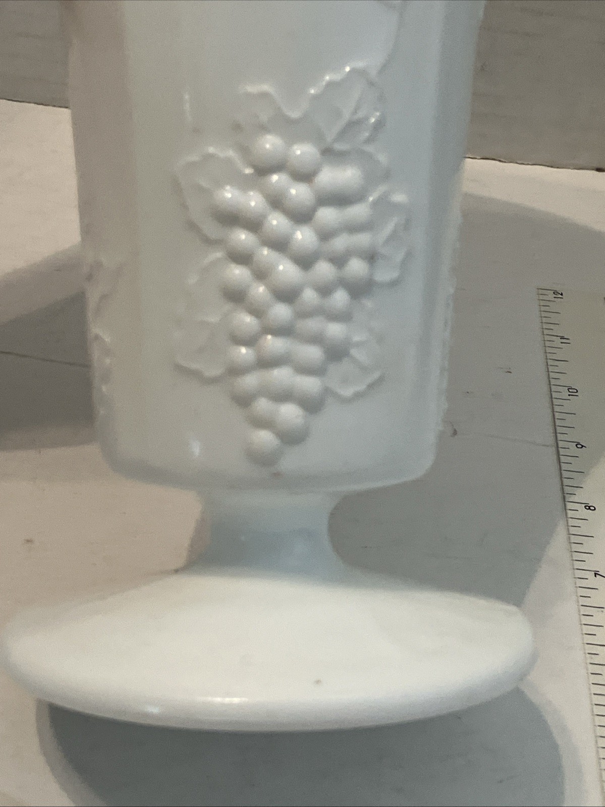 Vintage Milk Glass with Pedestal Base, Vase with Grape Vine Design 9.75″ Tall