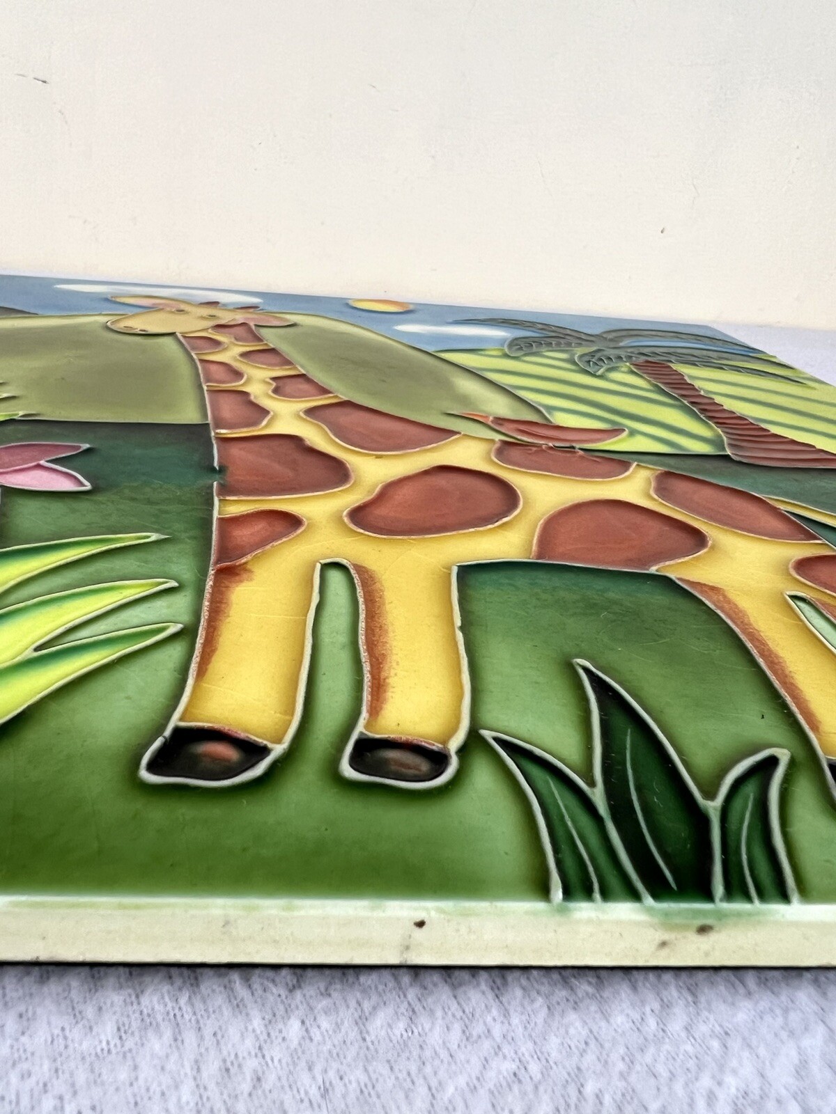 Large Hand Painted Glass Giraffe Tile Children’s Bedroom Decor Bright Colors 12″