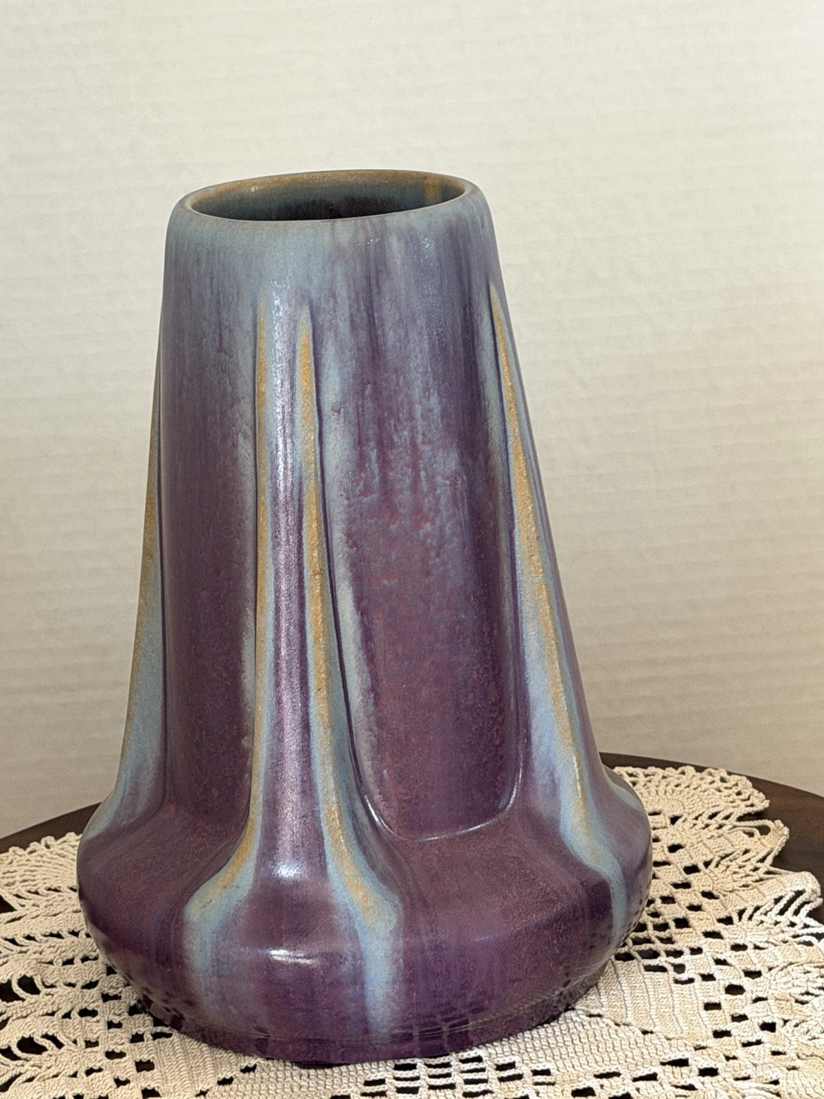 Fulper Arts And Crafts Pottery Purple Flambe Glaze Four Buttressed Vase 47