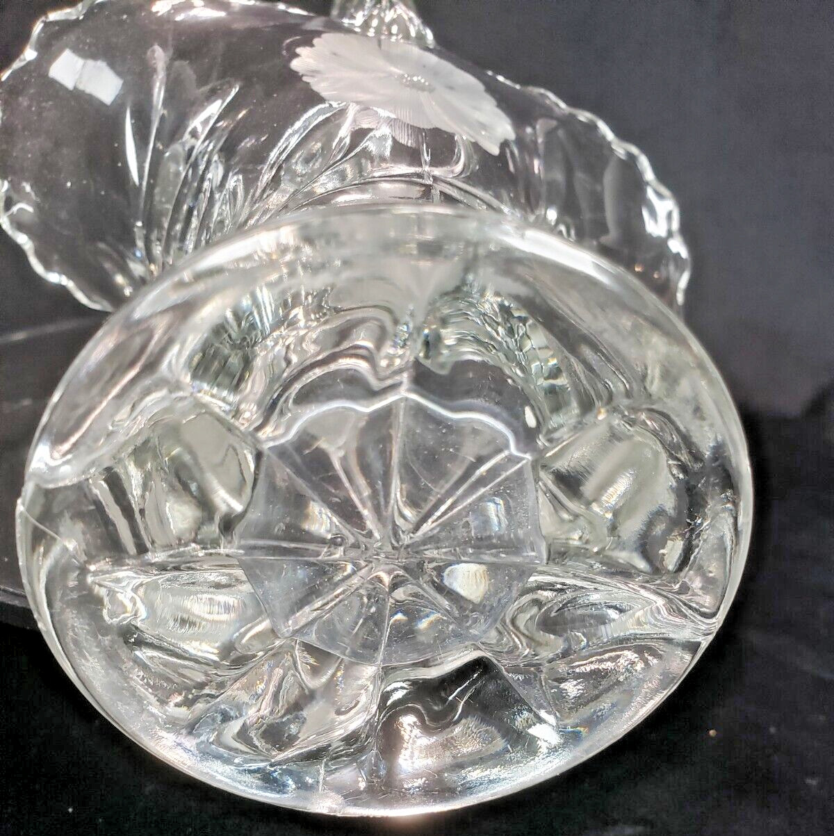 Antique Clear Glass Basket with Applied Handle 9.5″ Wheel Cut Etched Floral