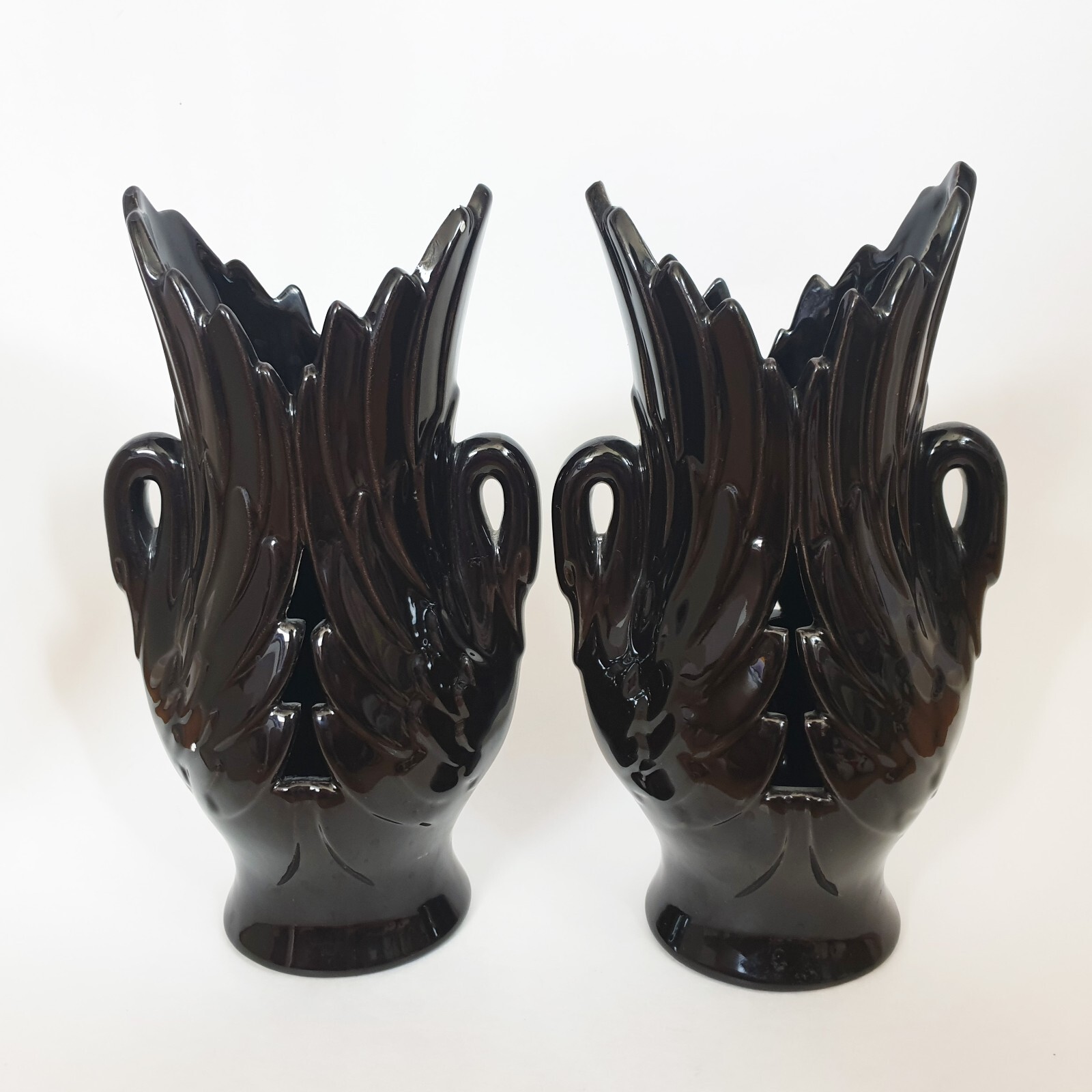 Vintage Haeger Double Swan Vase Set Dark Brown Black Swans 1978 Handle Planter