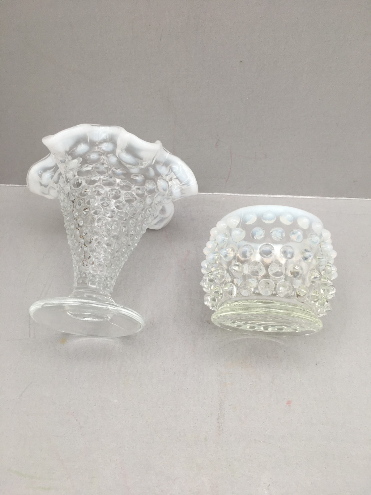 LOT OF 2 – Fenton 4″ hobnail opalescent vase & 2 1/8″ round multi-purpose bowl