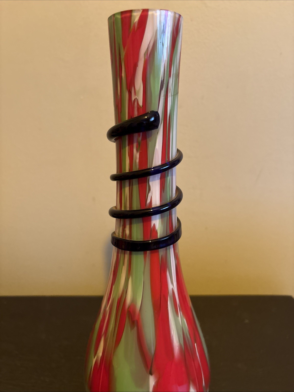 Czech Art Glass End Of Day Ribbed Serpentine Snake Coil Vase Red Green White 12”