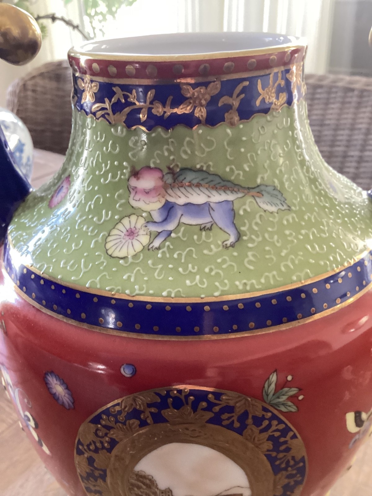 Chelsea House Neoclassical Urn Cachepot Blue Red Green Gold Porcelain Vase