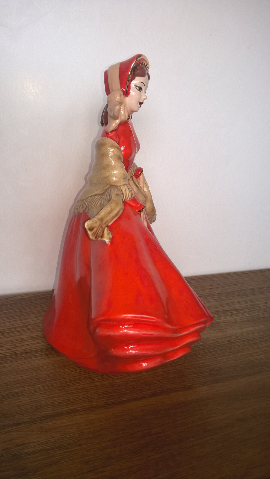 Lady Figurine 9″ Ceramic Orange Dress Tan Shawl Gold Trim Signed L Elliott 1974