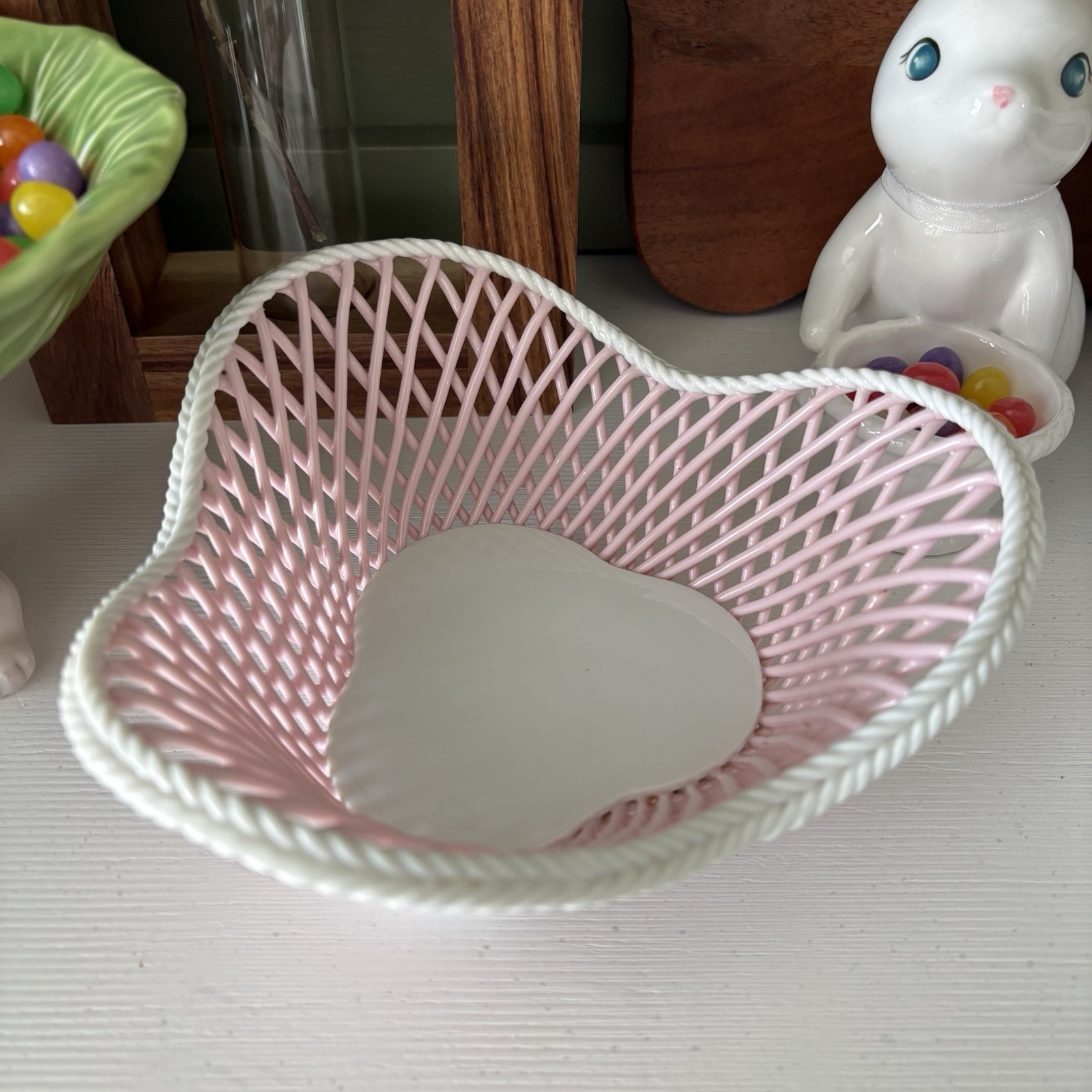 Vintage Porcelain Braided Basket White & Pink Bowl Woven 6.5”x3”