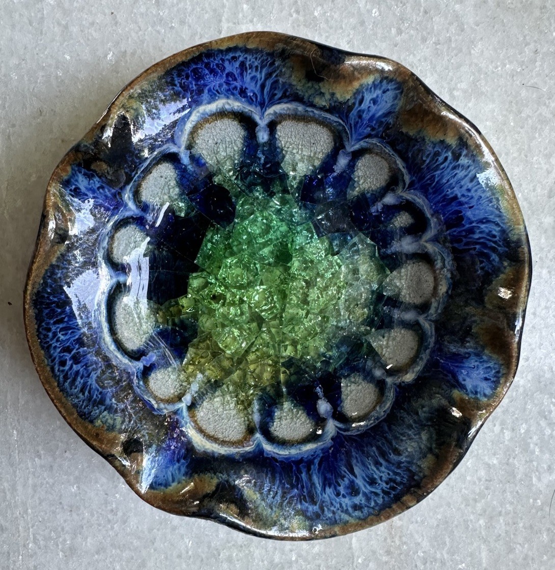 Art Pottery Fused Crackled Glass Ashtray Trinket Tray Tobacco Tray