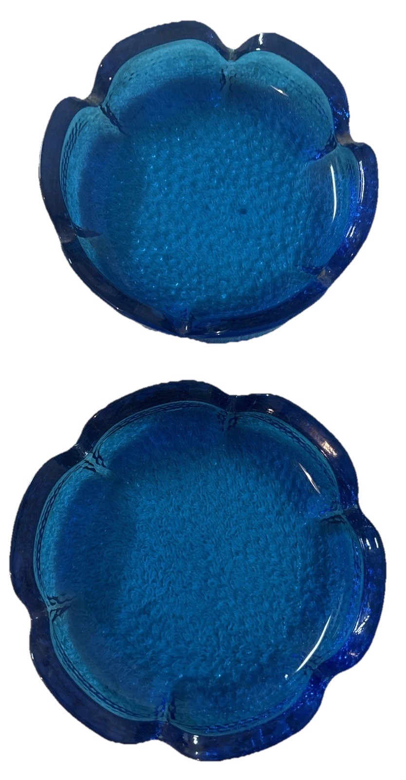 Anchor Hocking Blue Glass Ashtrays Pair 2 Textured Floral 70s Vintage 6″ USA