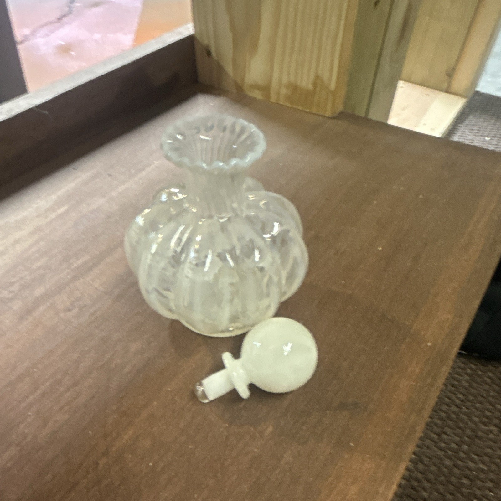 Vintage Glass Perfume Bottle w/ Stopper, White/Clear Frosted Opalescent