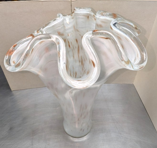 17” Large Murano Italy/Sticker Art Glass Swirled White Copper Handkerchief Vase