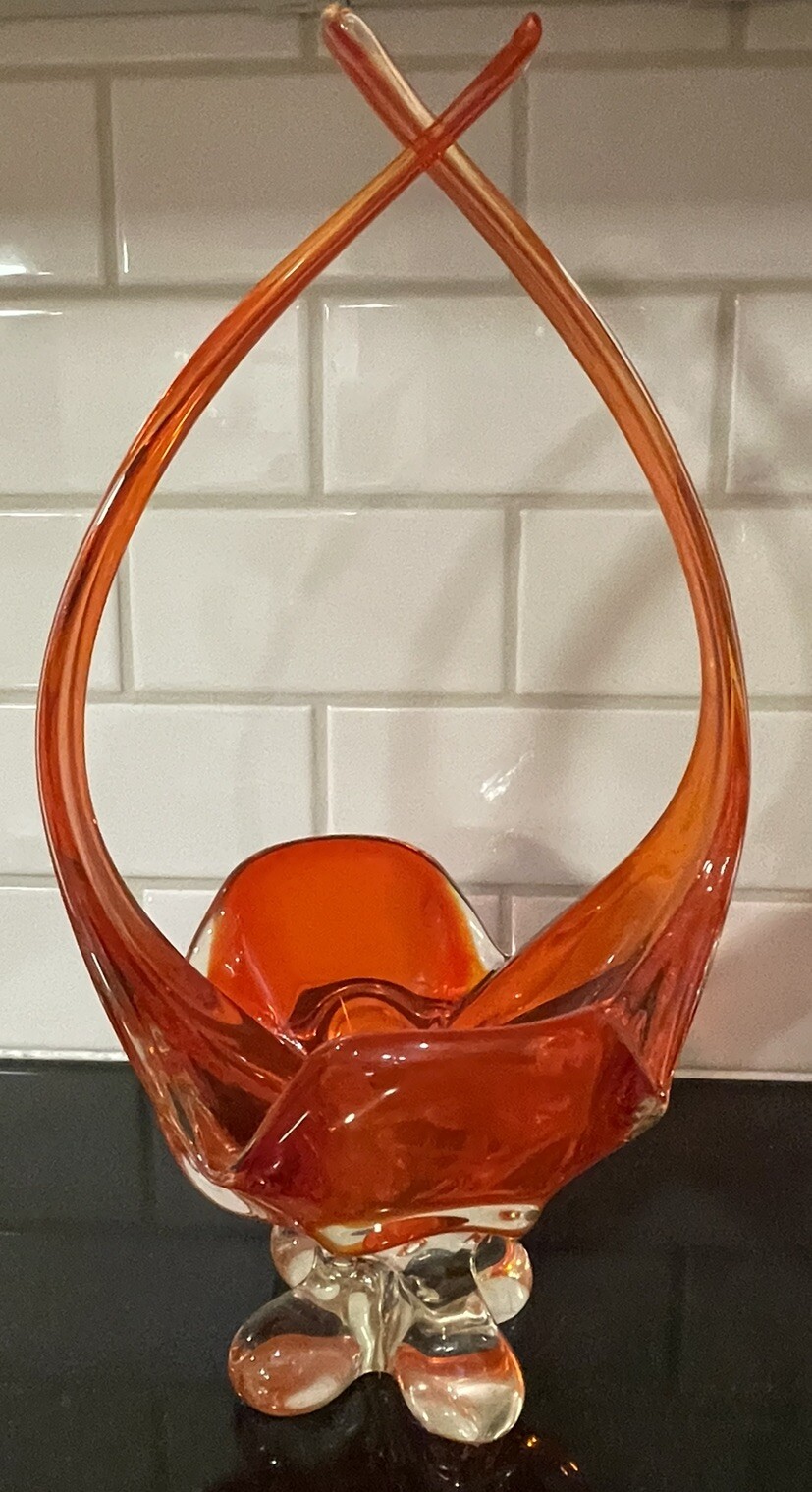 Vtg 60s-70s MCM Chalet Glass Basket Orange Art Glass Canada 15” Original Sticker