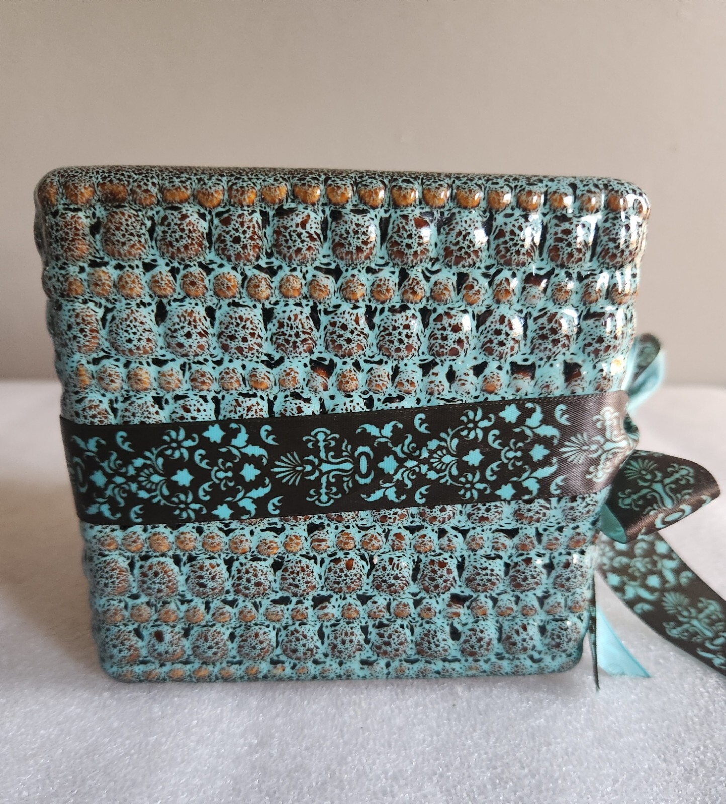 Square Ceramic Planter or Vase • Textured Aqua Blue & Brown Glaze • 4½”×4¾”×4¾”