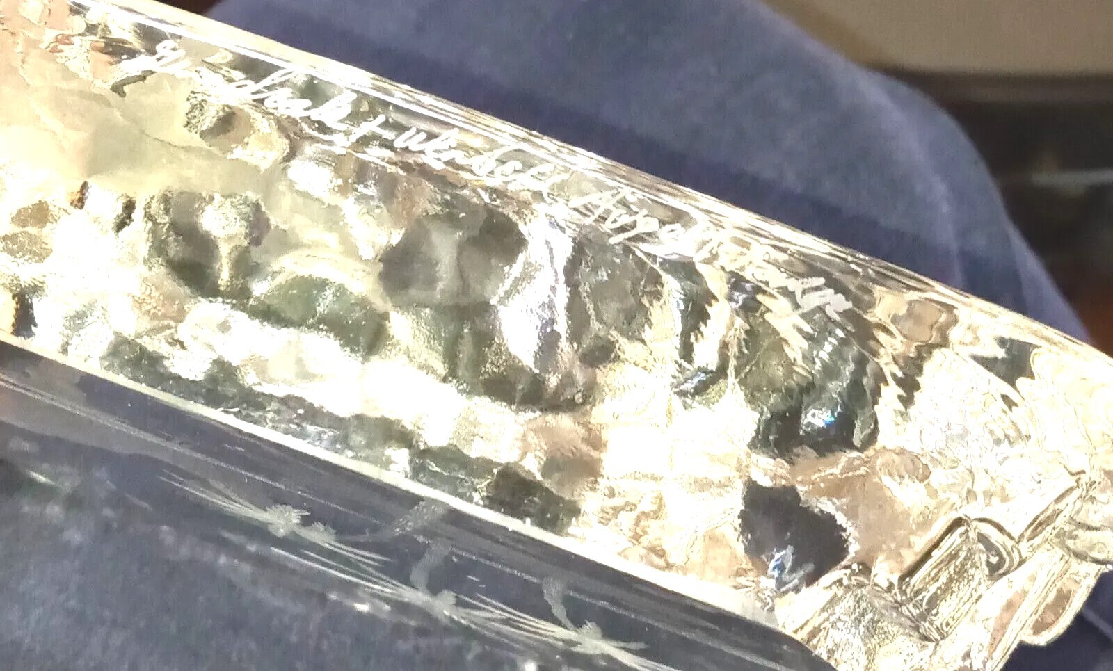 Engraved Art Glass Sculpture – Heavy Table Art Glass – Signed-Camel/Palm Trees
