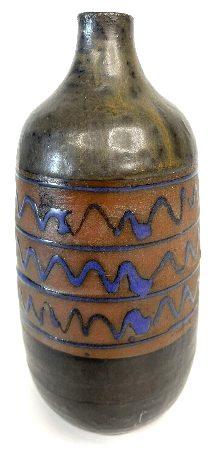Art Pottery Bud Vase Hand Made Hand Painted Brown, Rust & Blue Glaze Rustic MCM