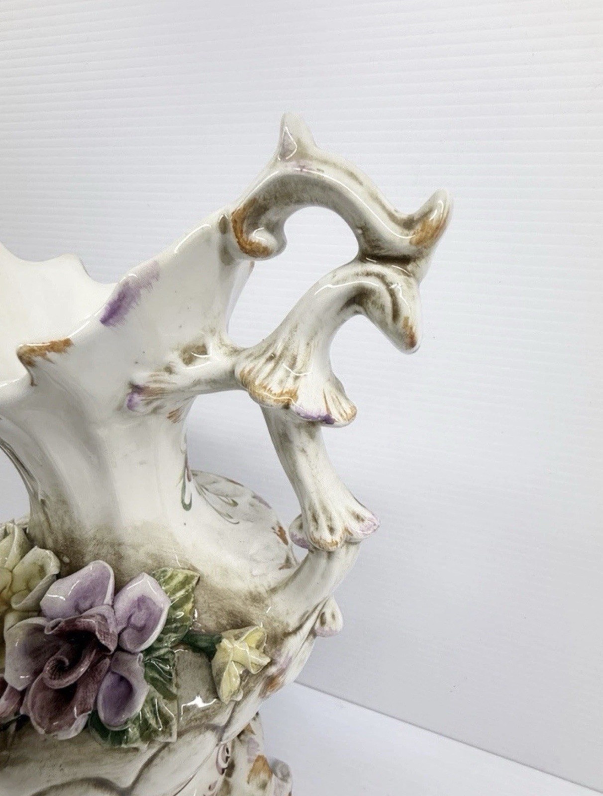 Antique Capodimonte Large Porcelain Pitcher Vase Italy 16″ Tall Ornate Roses