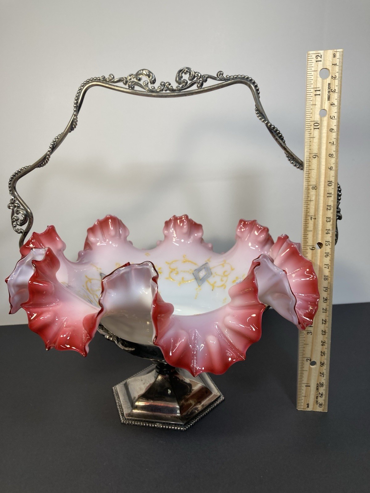 Antique Victorian Enameled Glass Ruffled Brides Basket/Bowl On Silverplate Frame