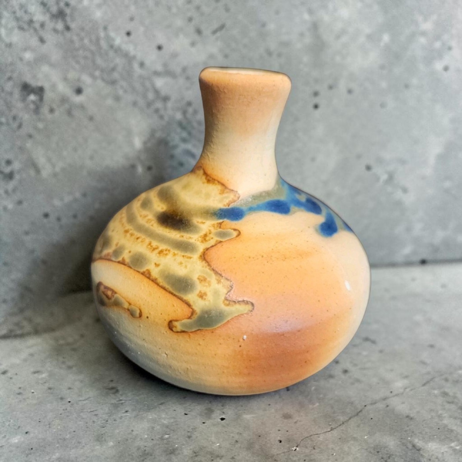 Studio Art Pottery Vase Drip Glaze 3.5″ Blue White Rust Tan Bud Rustic Vessel