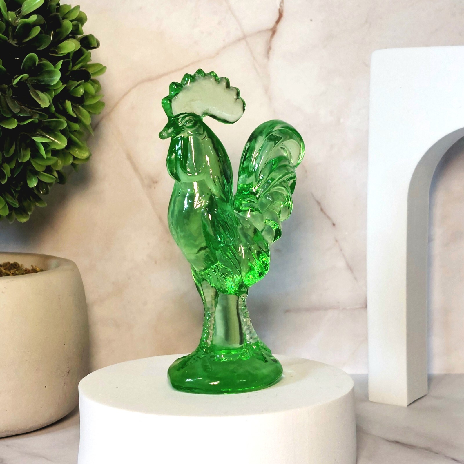 Green Depression Style Glass Rooster Chicken Figurine, Farmhouse, Hen, VTG Style