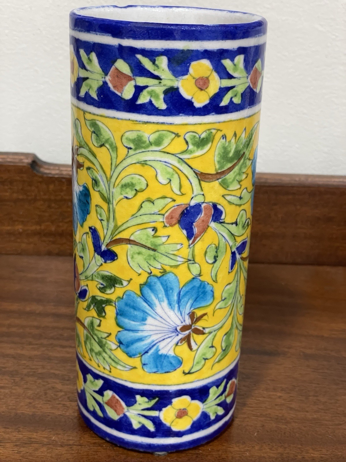 Vintage Jaipur Blue / Yellow Pottery Vase 8-1/4” Tall 3.5” Wide