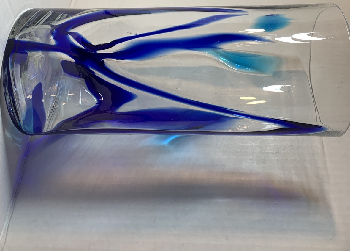 Hand Blown Mexican Glass Cylinder Vase 6″x14″, Clear w/Cobalt Blue Swirls