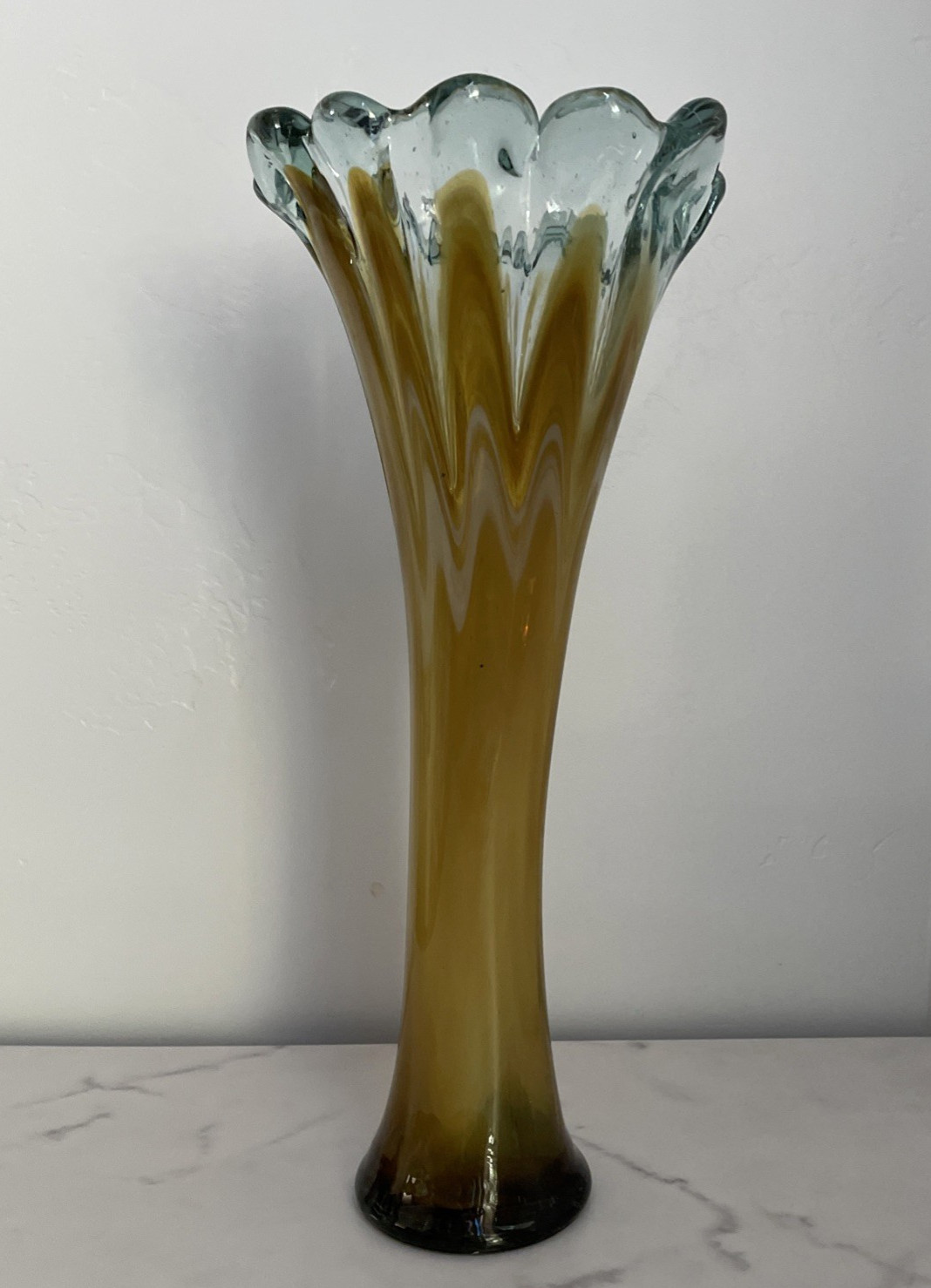 Murano Style Blown Art Glass Vase Venetian Collection Amber Scalloped Top 17″