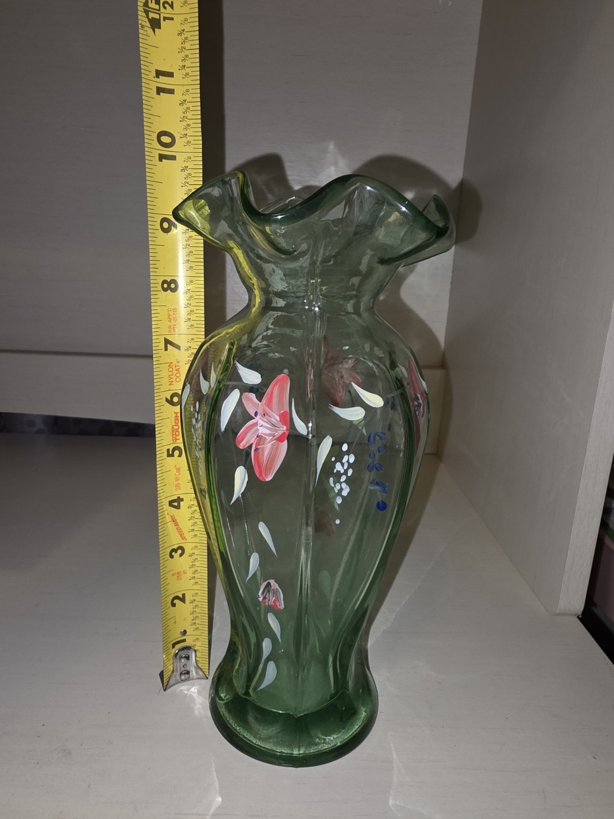 Vintage 9.5″ Light Green Fluted Ruffle Handpainted Floral Vase