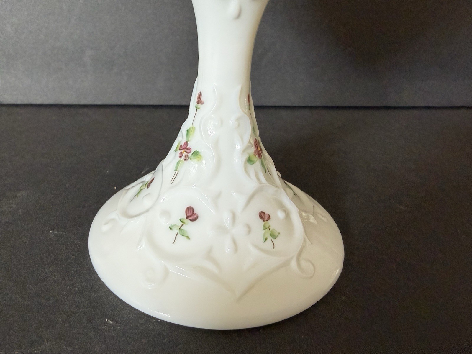 Fenton Art Glass Spanish Lace Violets In The Snow Silver Crest Compote Signed