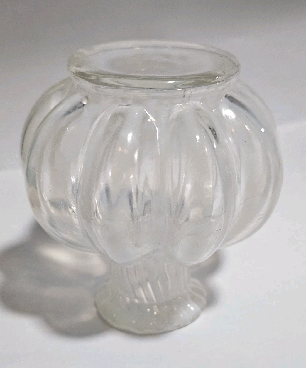 Clear Art Glass Vanity Bud Vase Ruffle Top White Stripes Accents Melon Shape