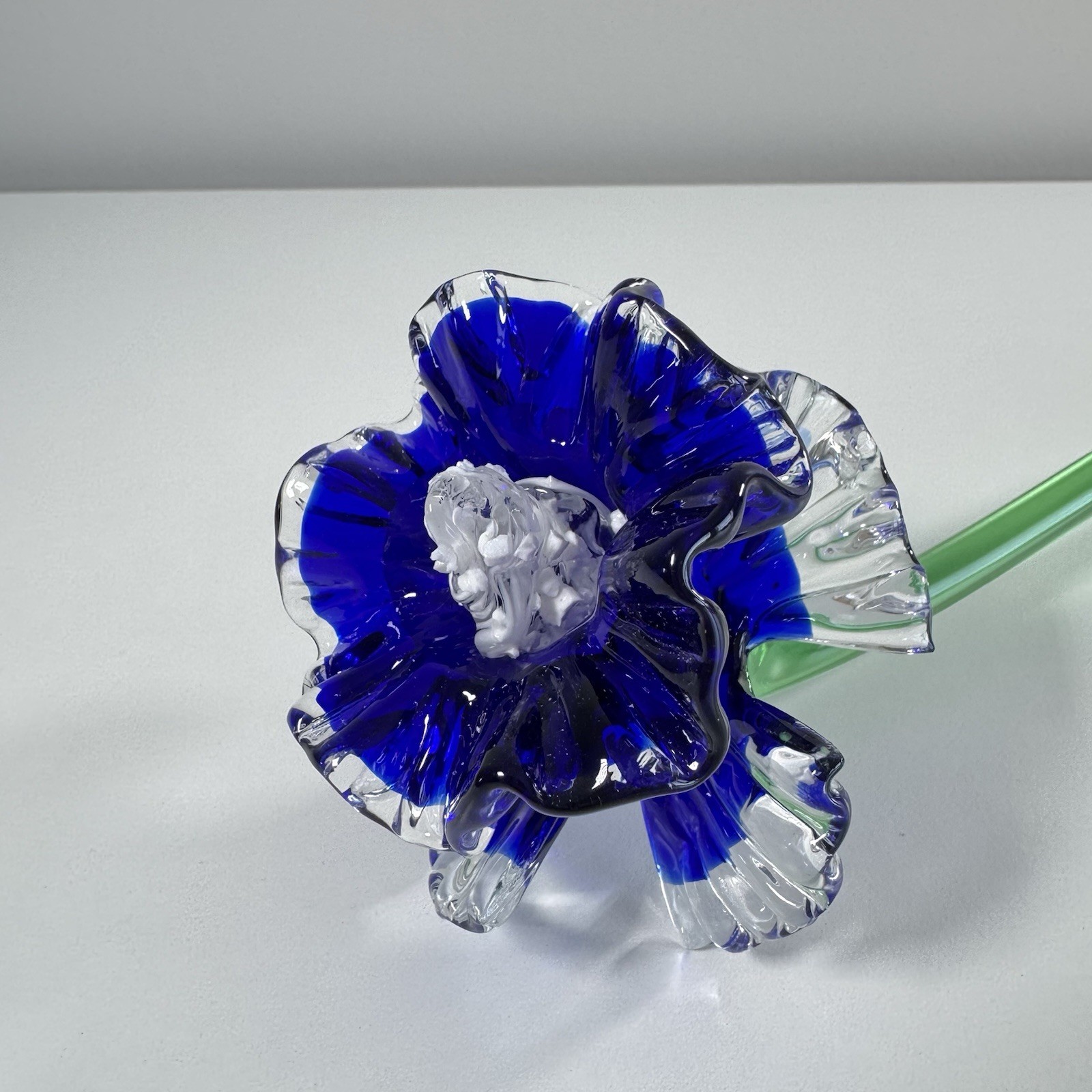 Hand Blown Flower Art Glass Murano Style Blue Long Stem Glass Flower 14”