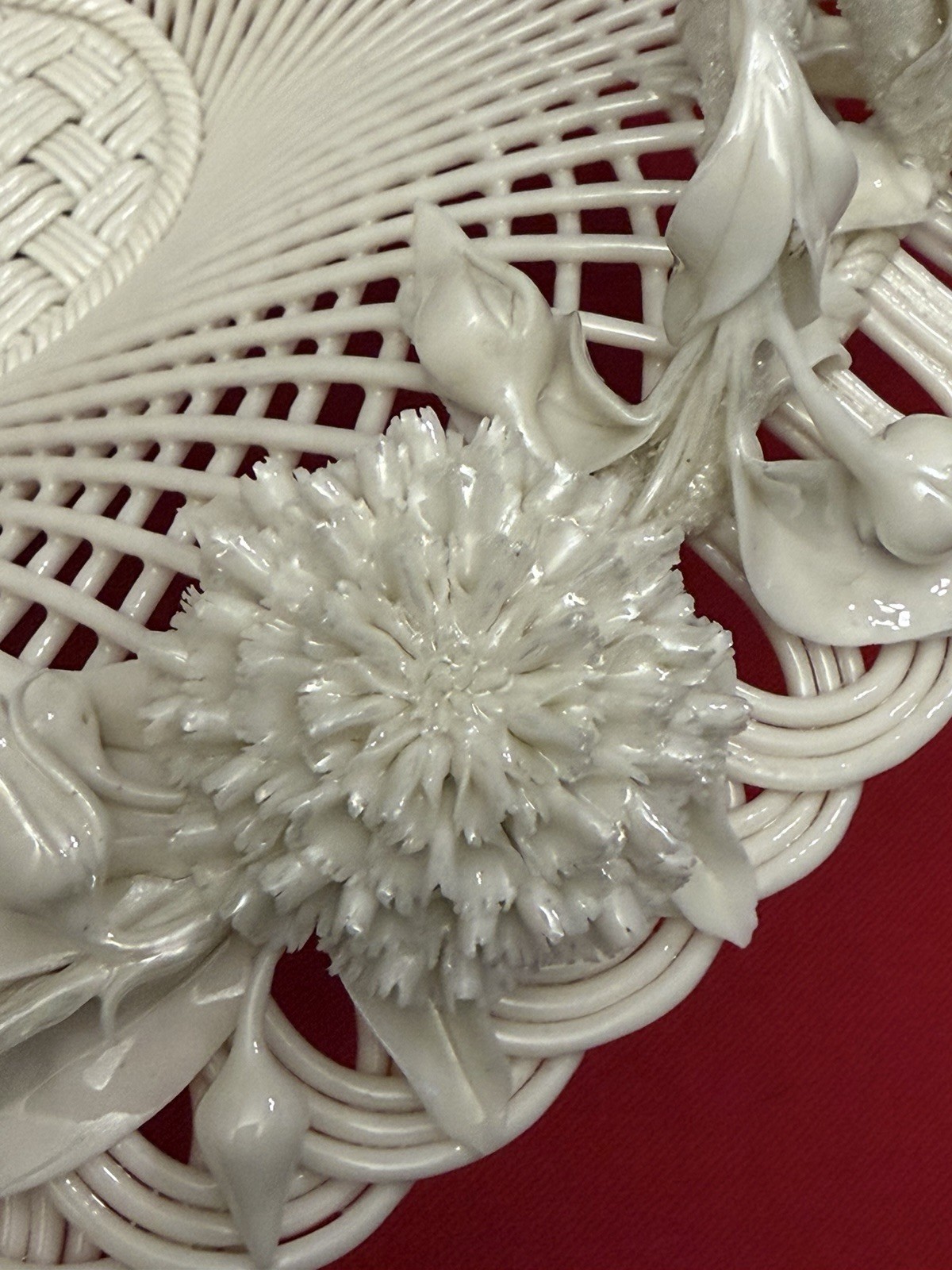 Antique Belleek Henshall 4 Strand Twig Handled Basket w/ Flowers Large Size 13”