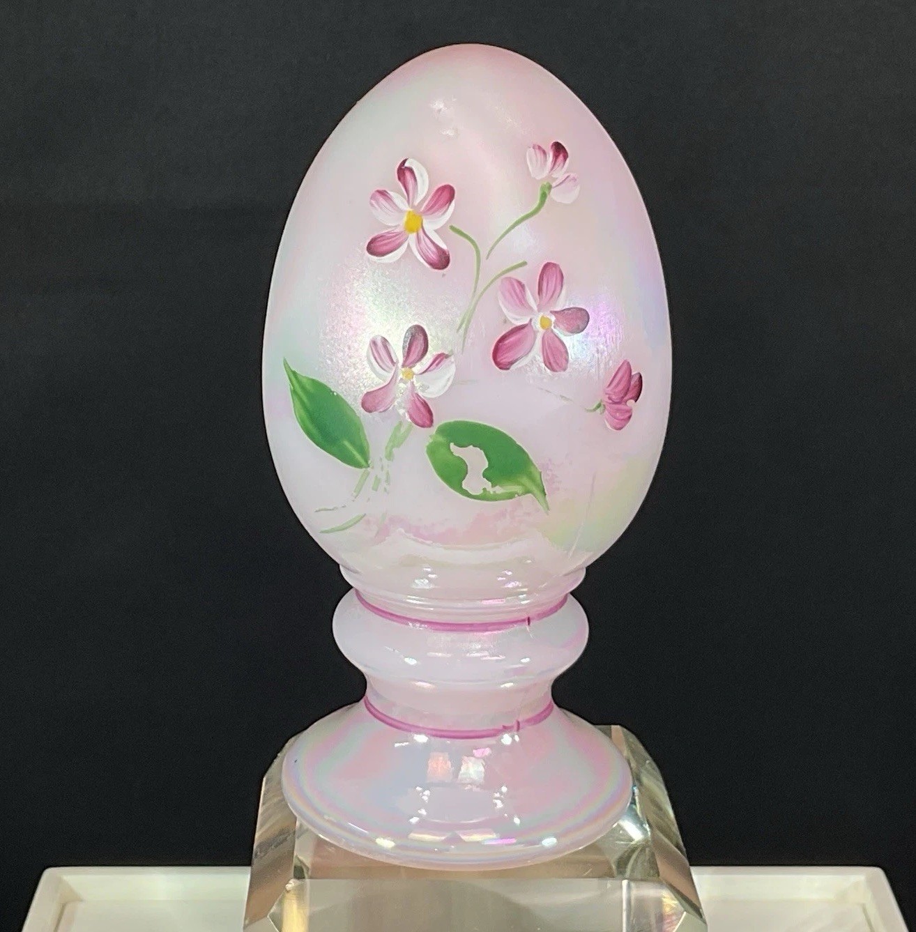 VTG Signed Cutshaw FENTON Glass Iridescent Pink Egg Hand Painted Floral Pedestal