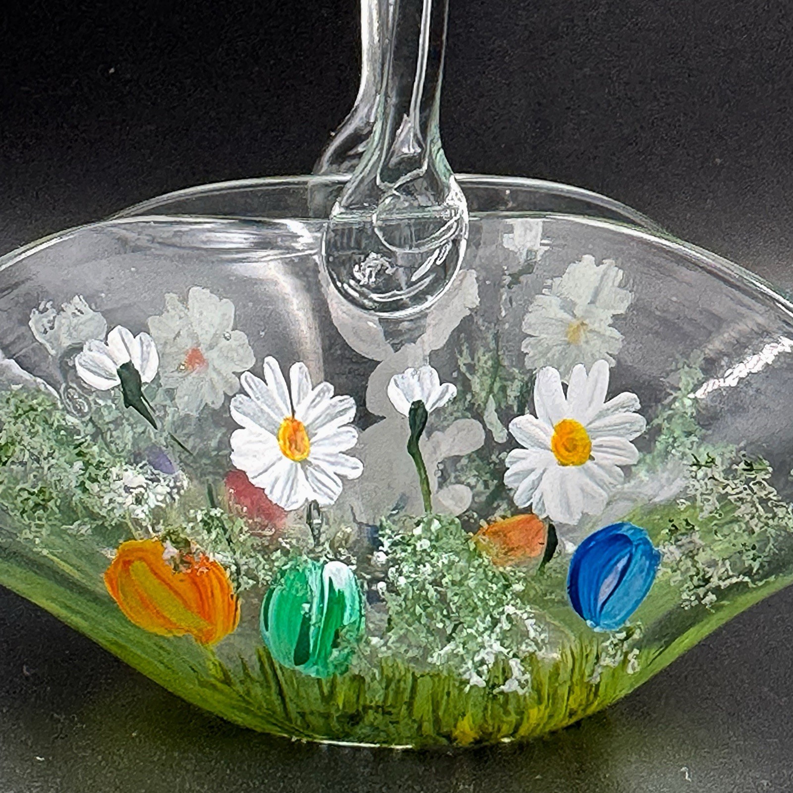 Vintage Hand Painted Signed Art Glass Easter Mini Basket Bunny Flowers Signed