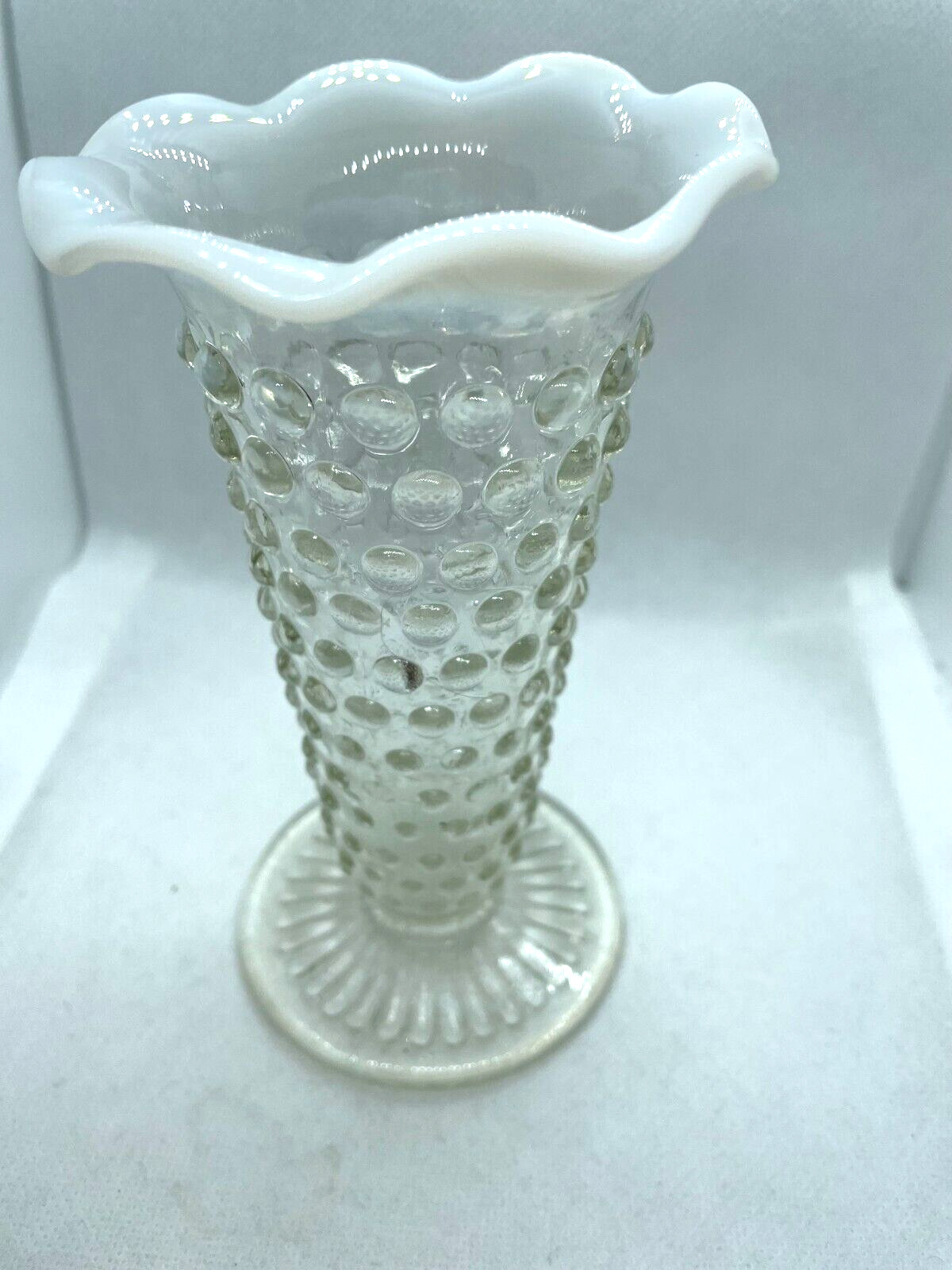 Vintage Hobnail Bud Vase Decorative Moonstone Frosted White Ruffled Edge